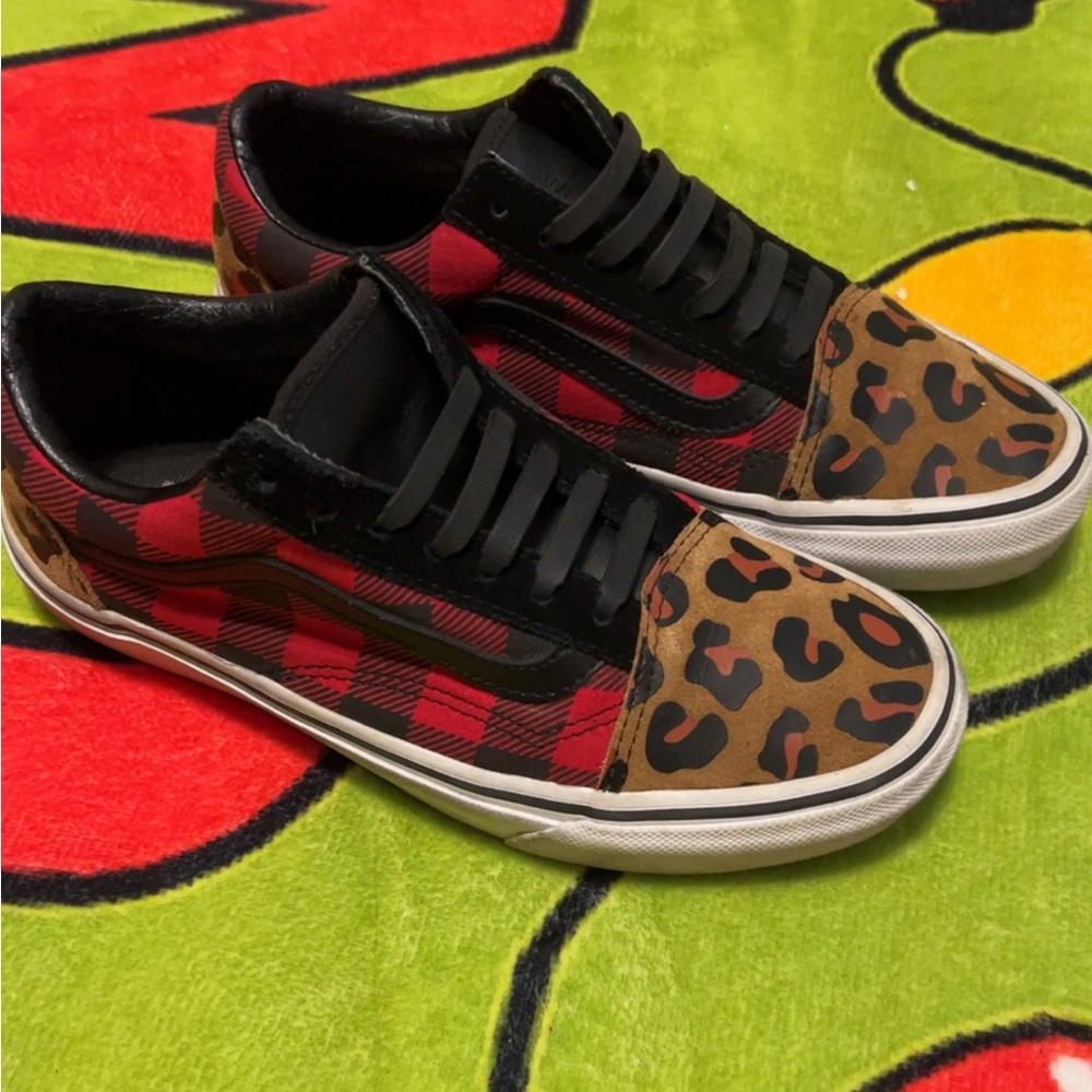 Vans Red and Brown Plaid Leopard Sneakers